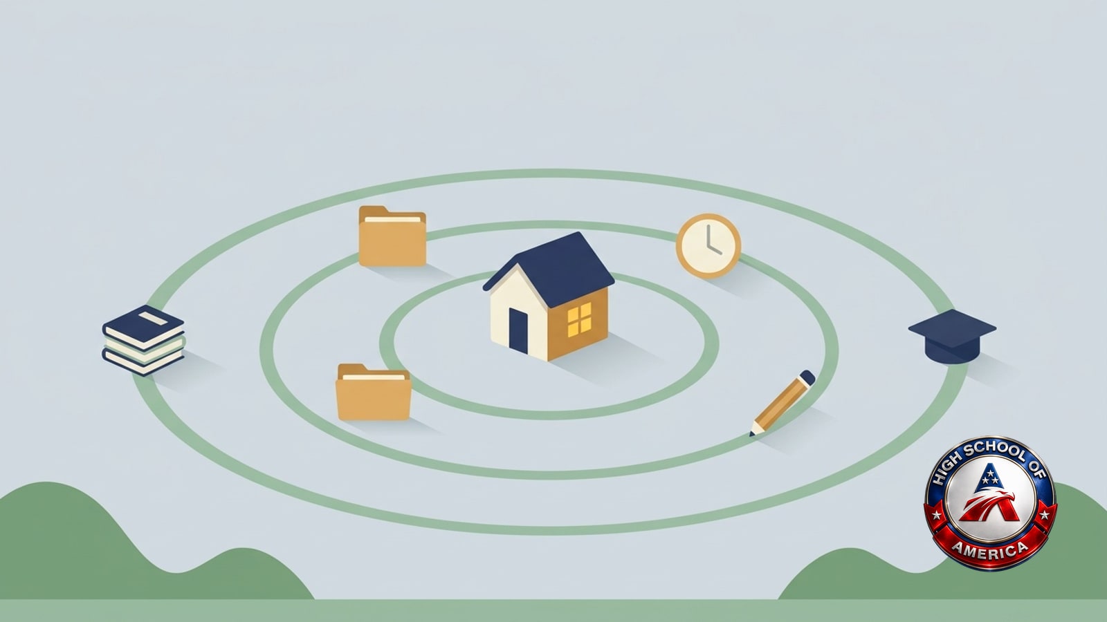 Hempfield Township online homeschool: a house at the center of the school year, with books, a folder and a clock arranged around it