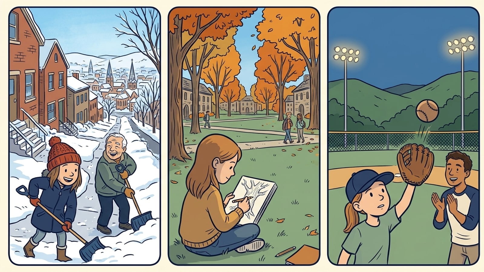 Hempfield Township online homeschool comic: one student shovelling snow on a hillside street, sketching on a college lawn, and catching a fly ball at a summer ballfield