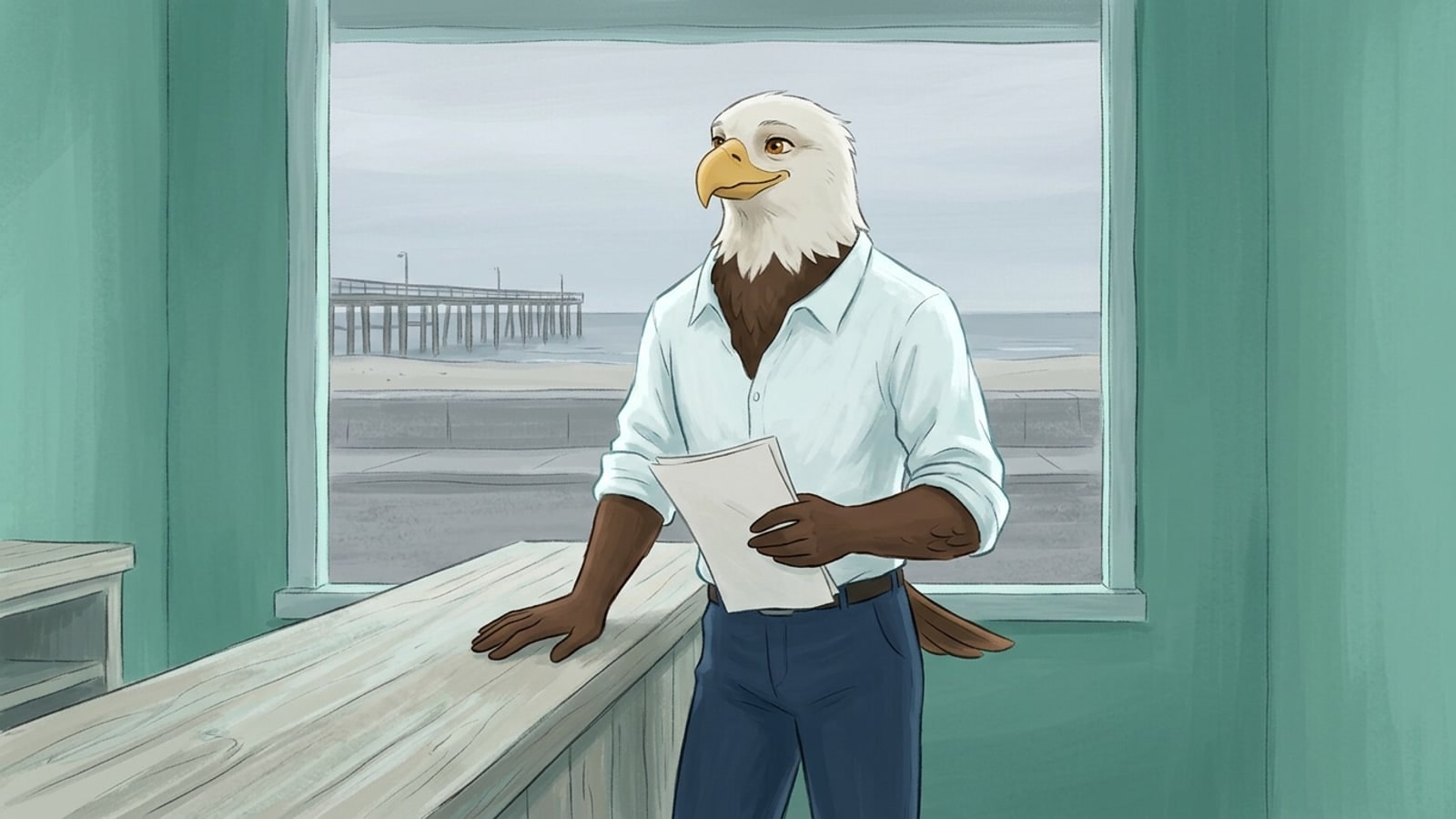 The Eagle, a bald eagle in a white linen shirt, laughing at a beach-street cafe counter in Imperial Beach, mascot of an online homeschool