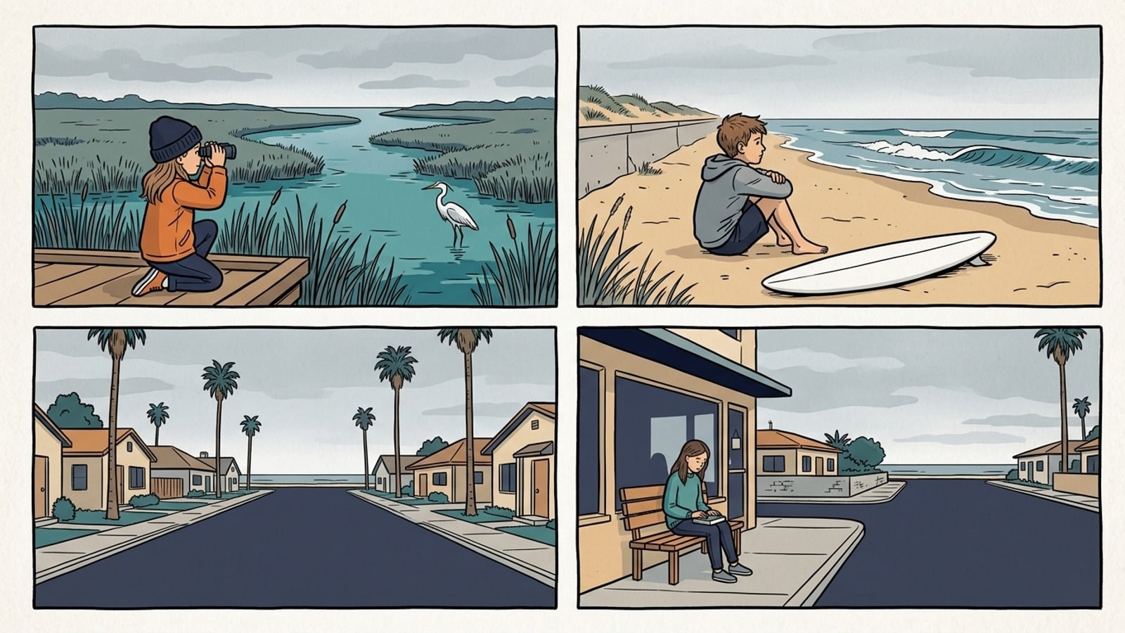 Imperial Beach online homeschool comic: a heron at the marsh, a surfboard on the sand, a book on a bench by the ocean