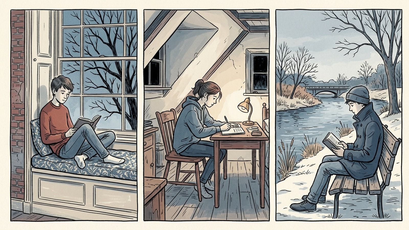 Three panels, one student in each: a boy reading on a window seat in an old brick house, a girl writing at a desk under a sloping attic ceiling, a boy reading on a bench beside a slow river