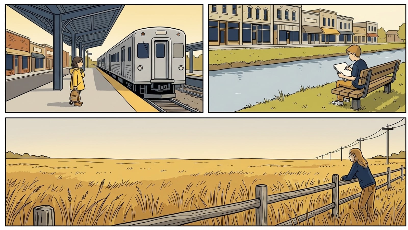Three Lockport children on a rail platform, a canal bank and a prairie edge, a comic about Lockport online homeschool days