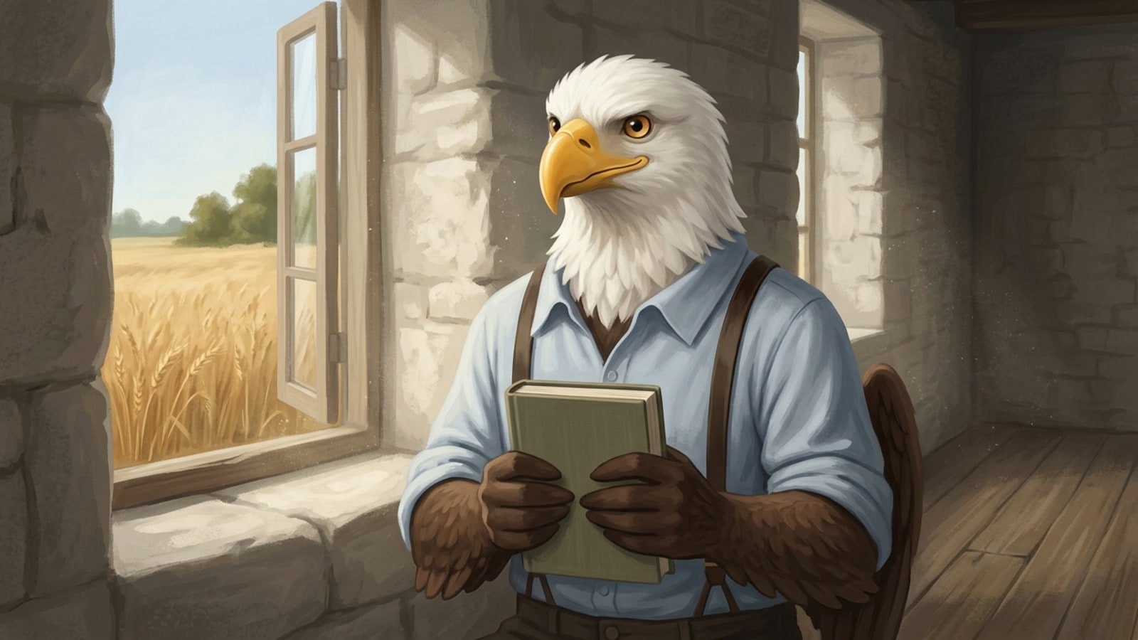 The eagle in a rolled-sleeve shirt and suspenders on a stone ledge in an old Lockport grain mill, for the Lockport online homeschool