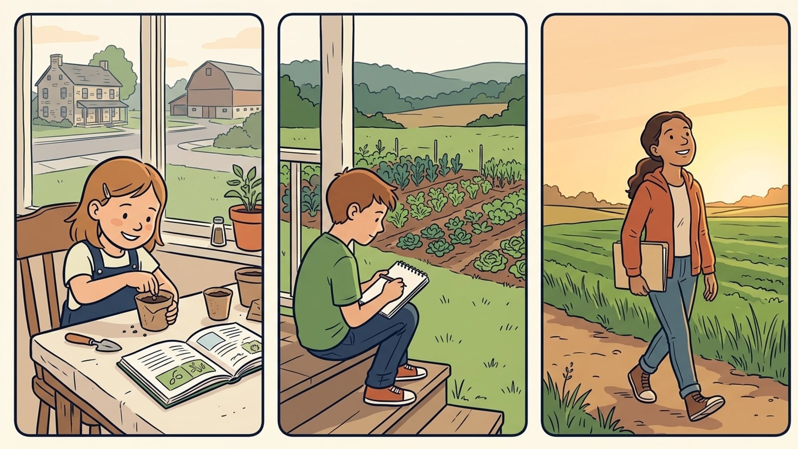 Lower Macungie Township online homeschool comic: a young girl plants a seed at the kitchen table by a window onto a farmhouse street, a boy sketches garden rows from the porch, and a teenager walks a trail beside farm fields