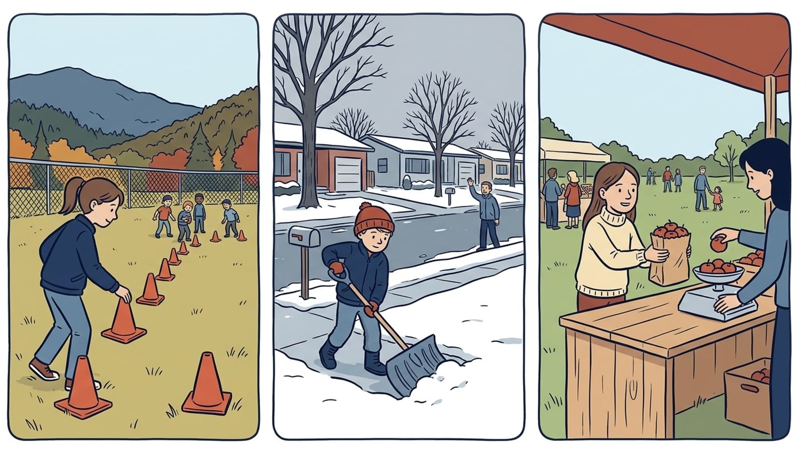 Lower Paxton Township online homeschool: three panels of a township year, a ballfield in autumn, a snowy street in winter, a park market in spring