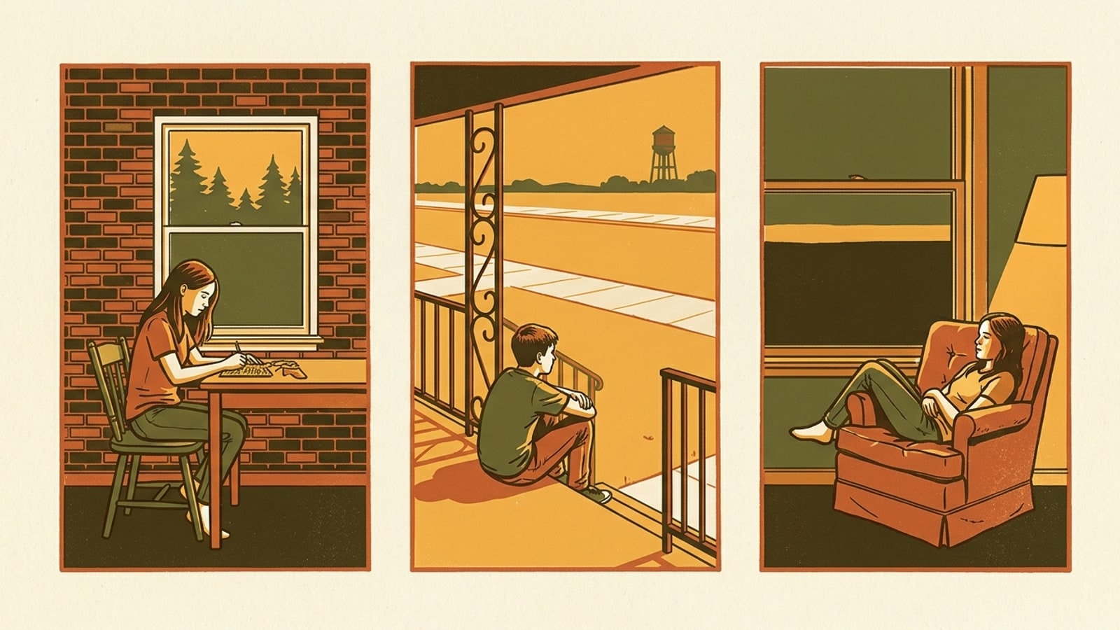 Three screen-printed panels, one Macon teenager in each: a girl at a table in a brick room, a boy on a porch step, a girl in an armchair at dusk