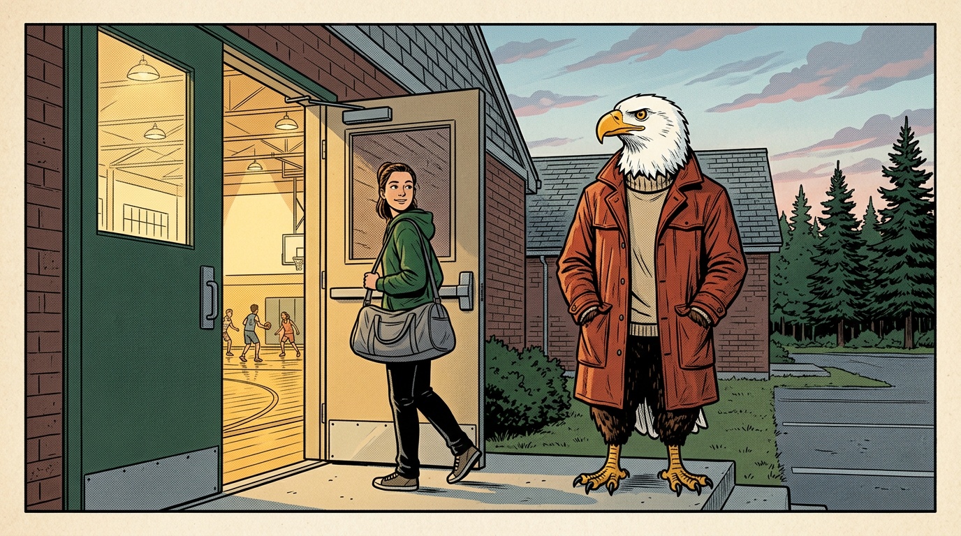 Comic panel: the High School of America eagle stands with a teenager at the open side door of a Maine school gymnasium at dusk, her sports bag over her shoulder and the lit court beyond the doorway, spruce trees and a pale coastal sky behind them