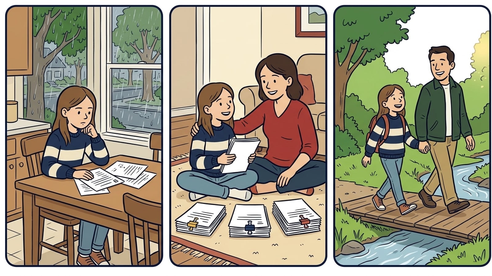 Manheim Township online homeschool comic: a girl looks over old school papers on a rainy afternoon, sorts them into three stacks with her mother, then walks a sunny creek trail with her father
