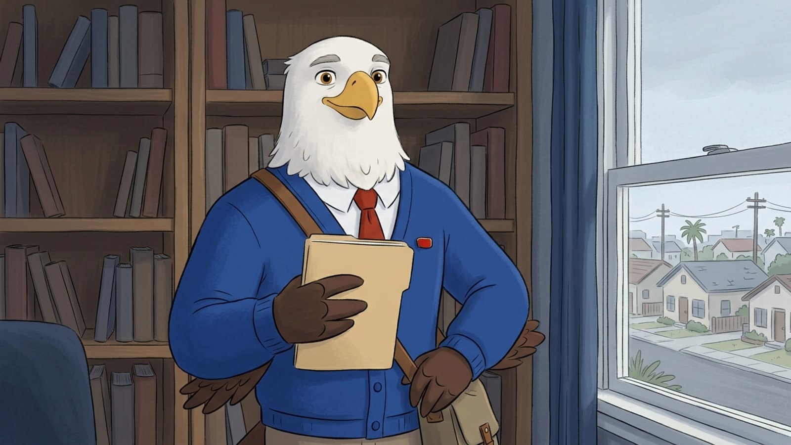 The bald eagle mascot in a royal blue cardigan glancing back over his shoulder in a Maywood bungalow study, holding the pages of an online homeschool plan
