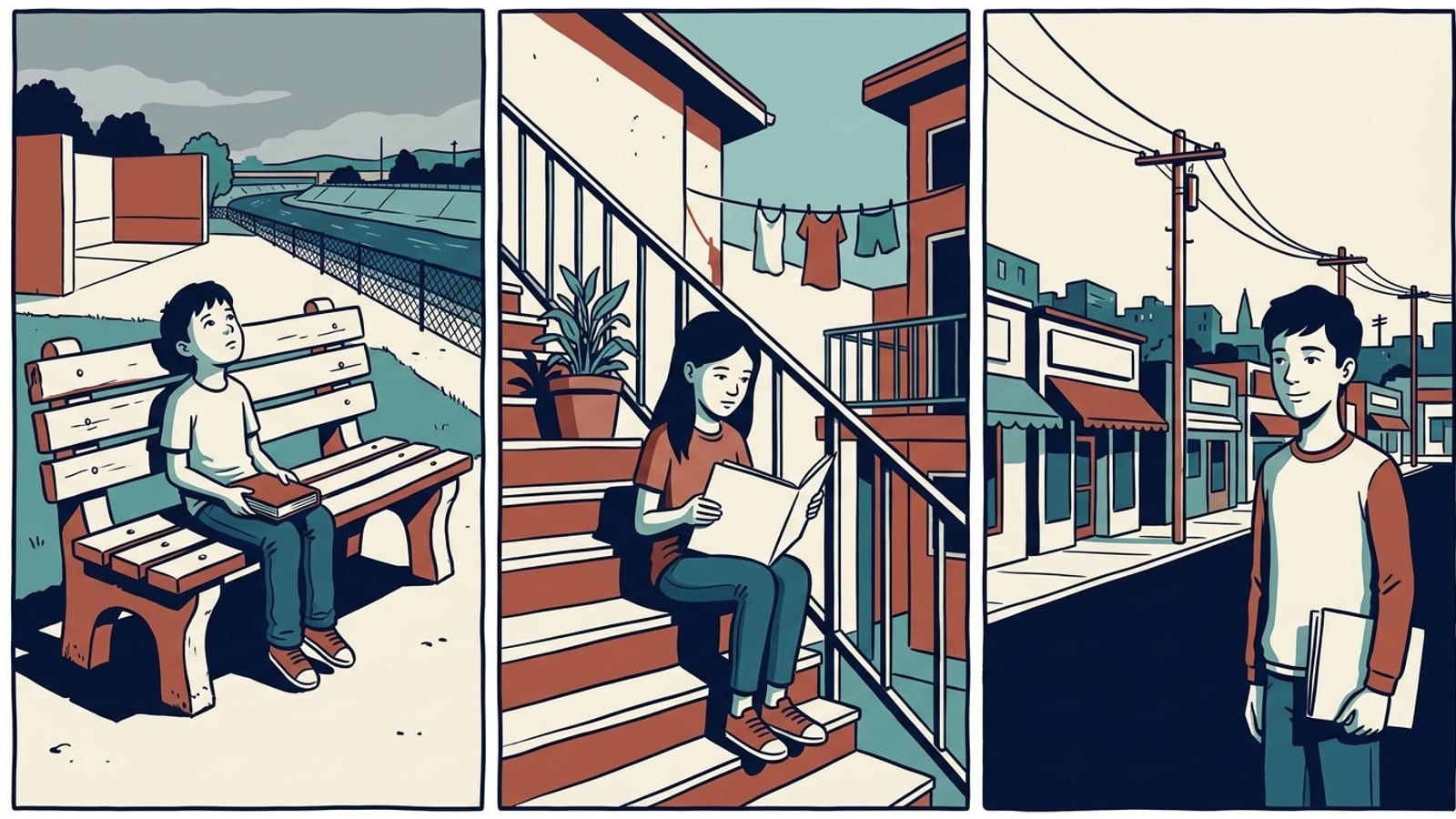 Three Maywood online homeschool students: a boy reading in a riverside park, a girl with a folder on a courtyard stairway, a teen at an avenue corner