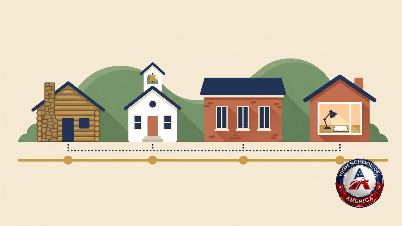 McCandless Township online homeschool timeline: a log cabin school, a one-room schoolhouse, a three-window brick school and a family home with a lit desk lamp stand along one unbroken gold line