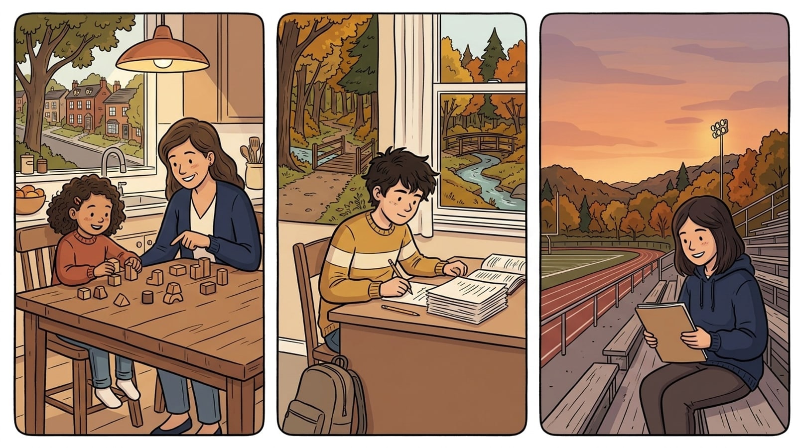 McCandless Township online homeschool comic: a kindergartner counts blocks at the kitchen table, a sixth grader works at a desk above a wooded park trail, and a teenager reads by a running track at dusk