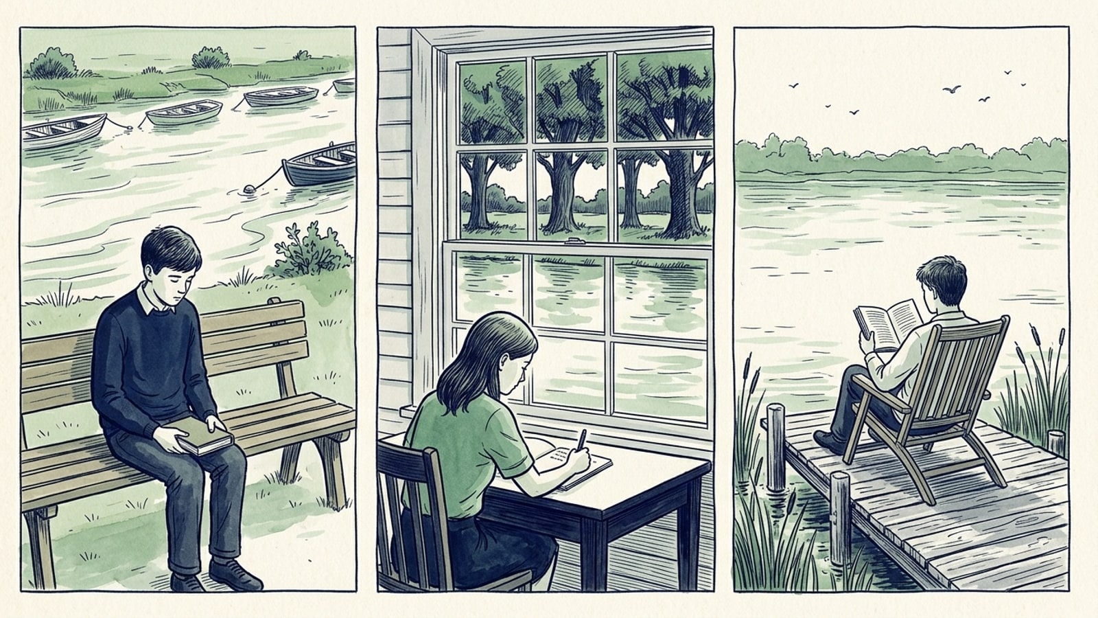 Three panels, one student in each: a boy reading on a bench facing a slow river with moored boats, a girl writing at a window table with the river and its trees beyond, a boy reading in a deck chair on a small dock among reeds