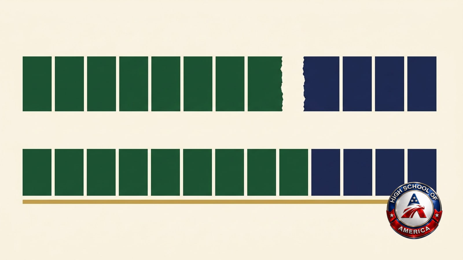 Two horizontal bands of thirteen equal segments, the upper one broken by a clear vertical gap between the ninth and tenth with ragged ends, the lower one running continuously with a thin gold line beneath its full length