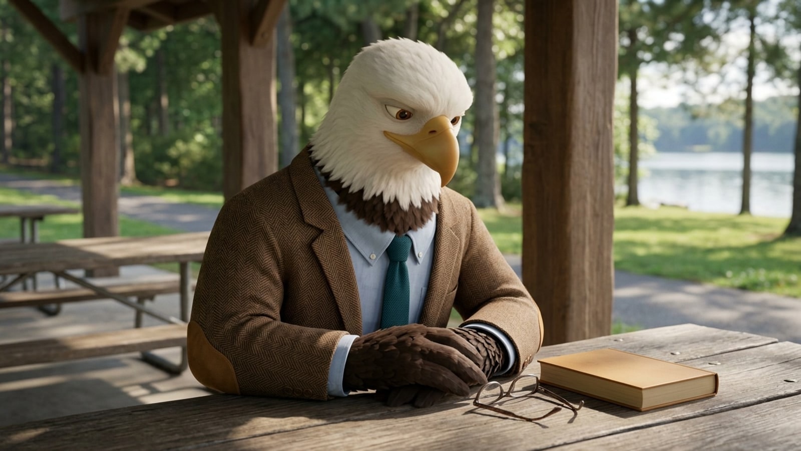 The eagle mascot leaning over a park pavilion picnic table with folded reading glasses and a closed book, for Middletown Township online homeschool