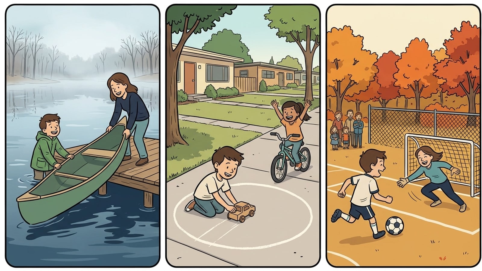 Comic strip of a Middletown Township online homeschool student canoeing a park lake, chalking a track on a neighborhood sidewalk, and playing soccer by the park in autumn