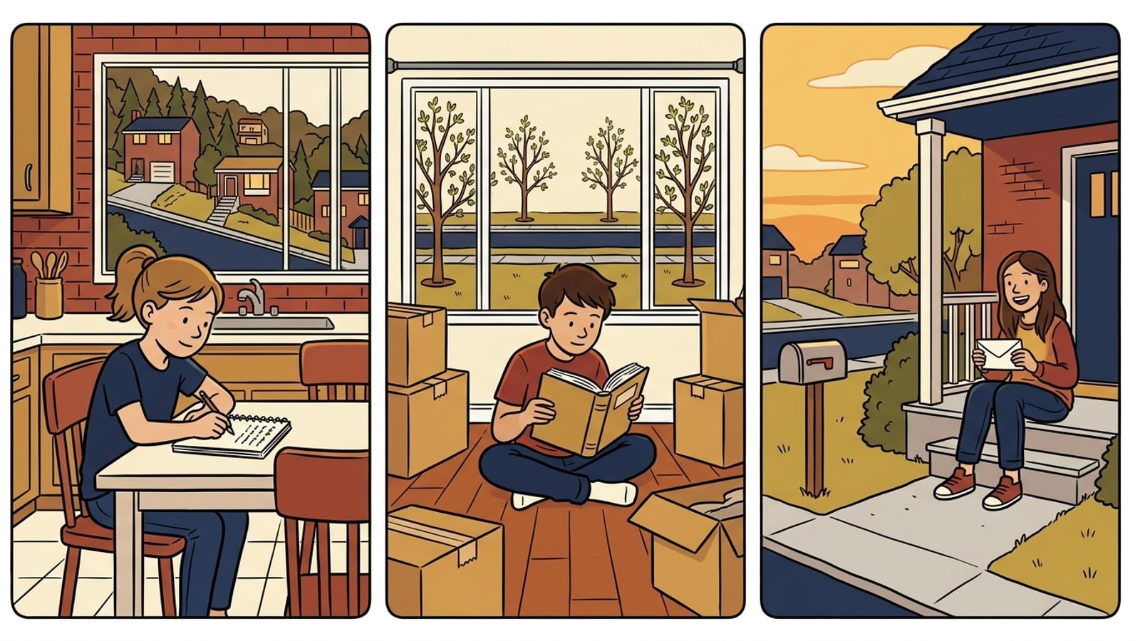 Monroeville online homeschool comic: a fourth grader writes at the kitchen table in a hillside house, a seventh grader reads among moving boxes in the new house, and a teenager smiles on the new porch holding an envelope