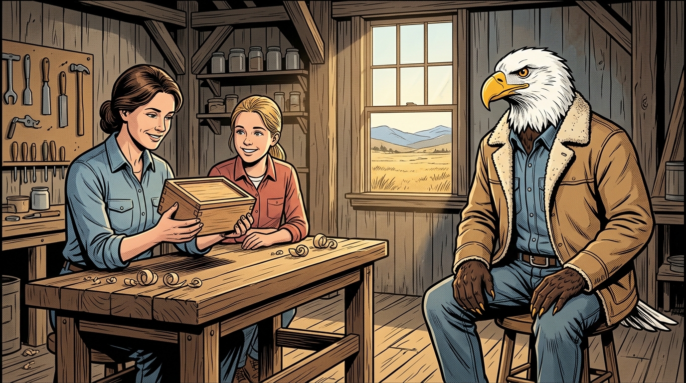 Comic panel: the High School of America eagle sits a little apart on a stool in a Montana barn workshop while a mother at the workbench turns over a small hand-built wooden object her daughter has made, examining it closely as her daughter watches her face