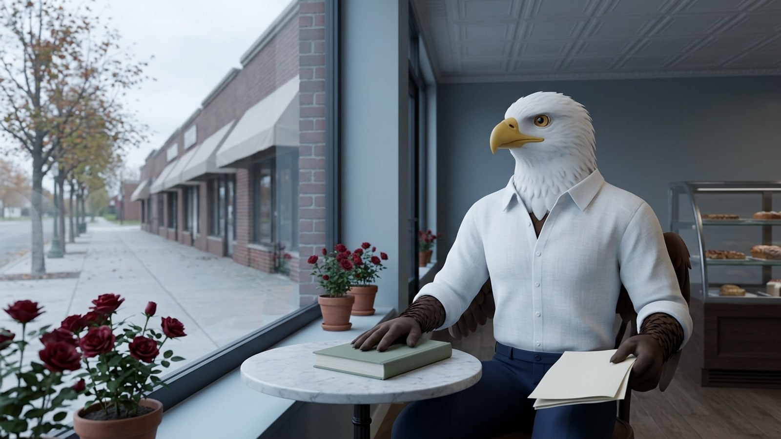 The school's bald eagle mascot in a white linen shirt at a bakery window in Morton Grove, a book under one hand, for Morton Grove online homeschool families