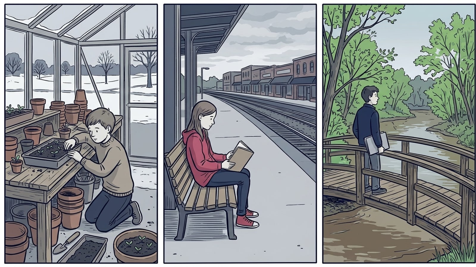 Three-panel comic of students in a park greenhouse, on a rail platform and on a river footbridge, a Morton Grove online homeschool year