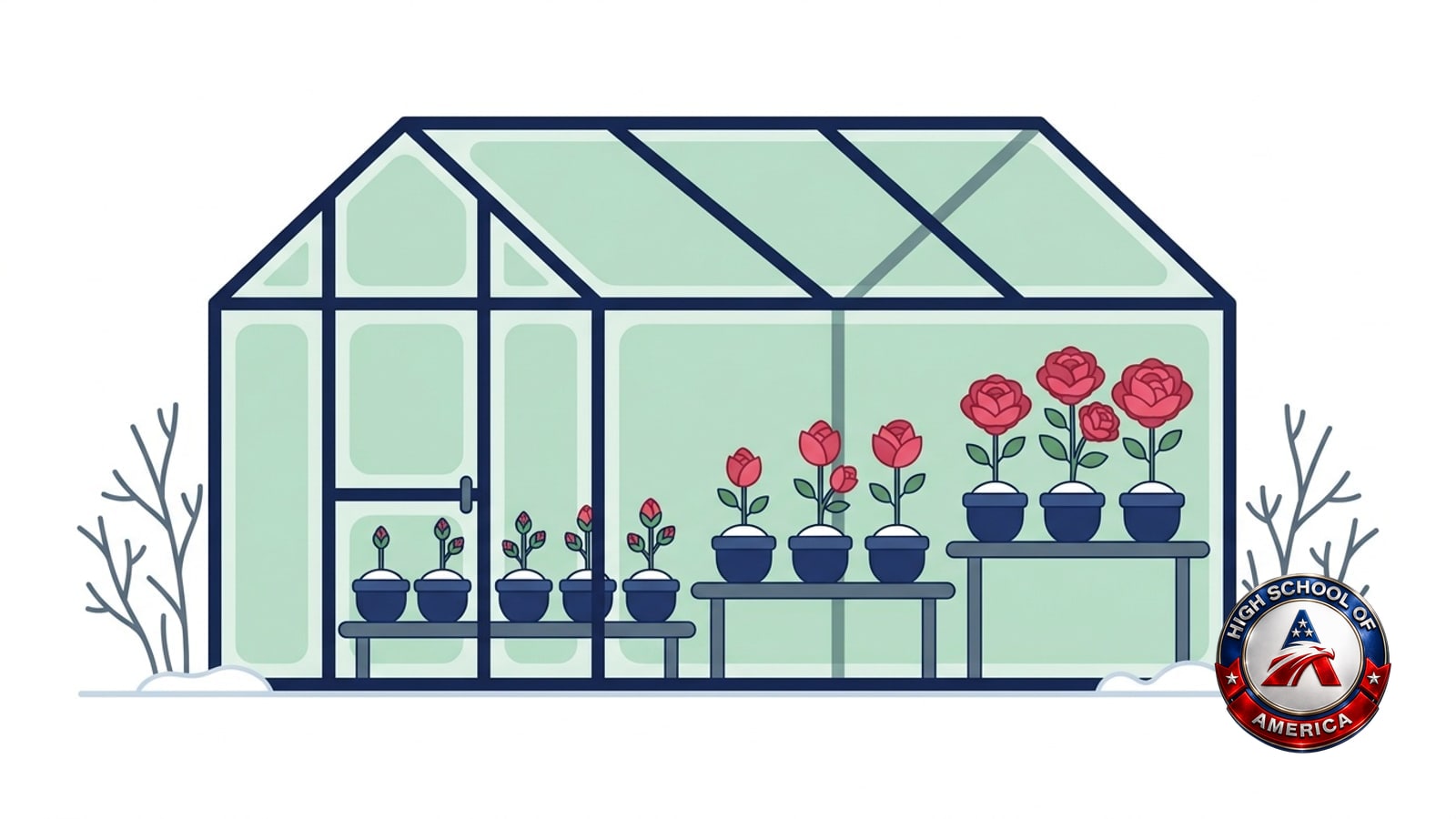 Illustration of a greenhouse with three benches of roses at different stages while winter sits outside, for Morton Grove online homeschool families