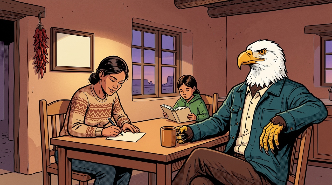 Comic panel: the High School of America eagle sits with a mother at a New Mexico kitchen table at dusk while she signs one short form, her framed diploma on the wall behind her and her daughter reading nearby