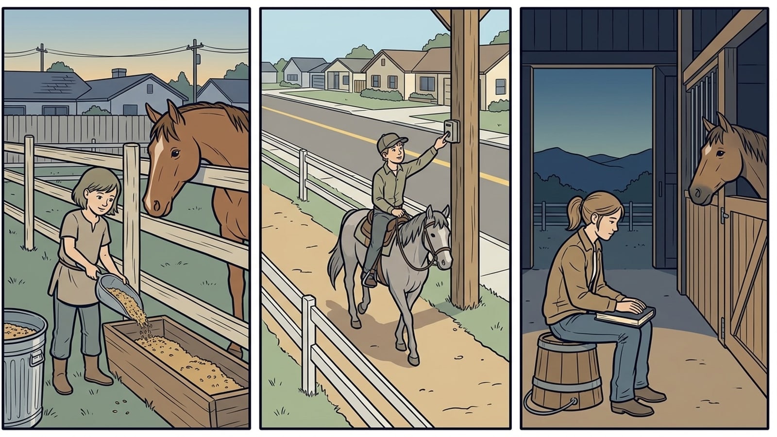 Norco online homeschool comic: morning feed in a corral, a rider at a crossing, reading in the barn aisle