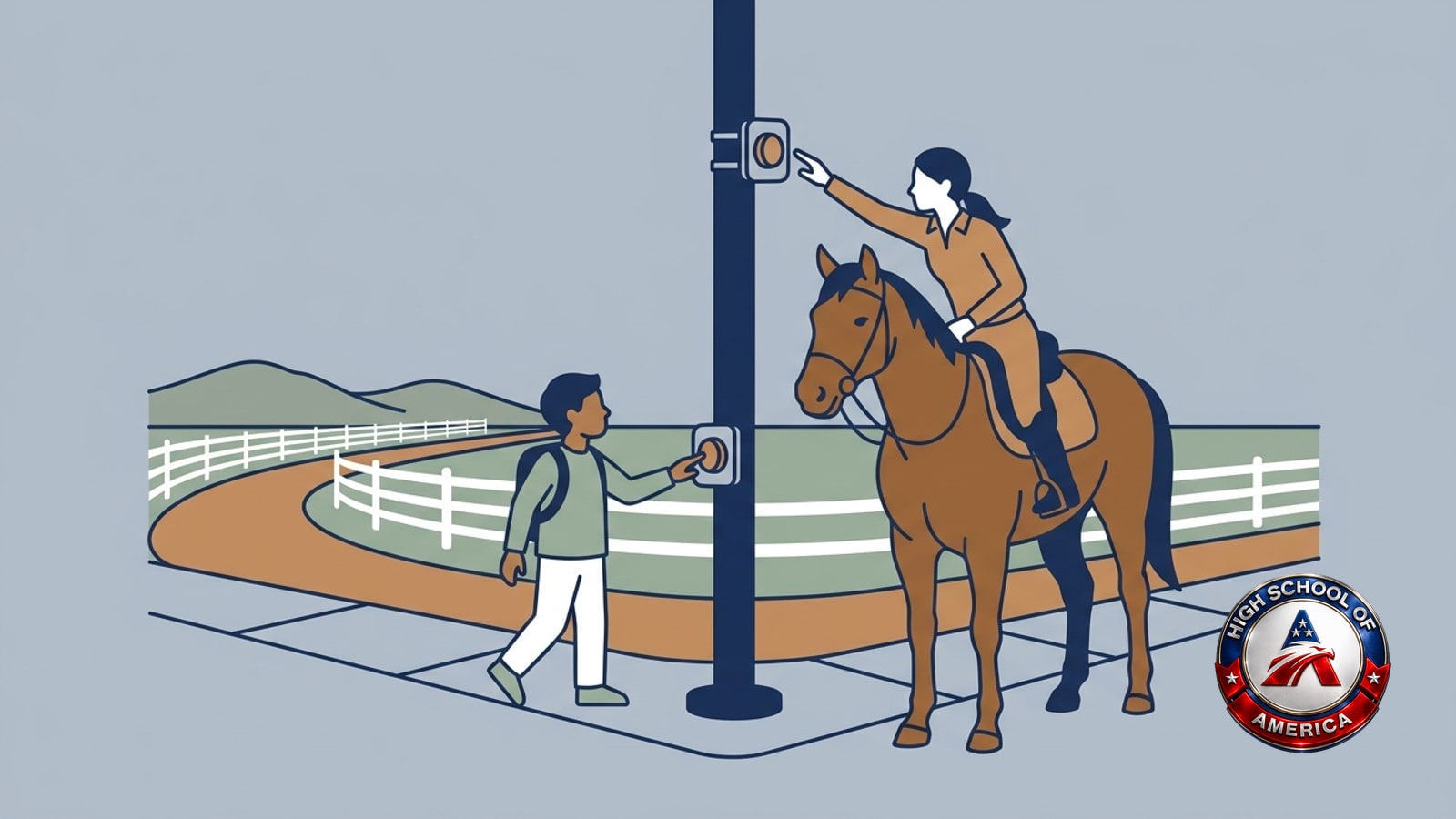 Norco online homeschool infographic: a crossing post with one button for a student on foot and one raised for a rider