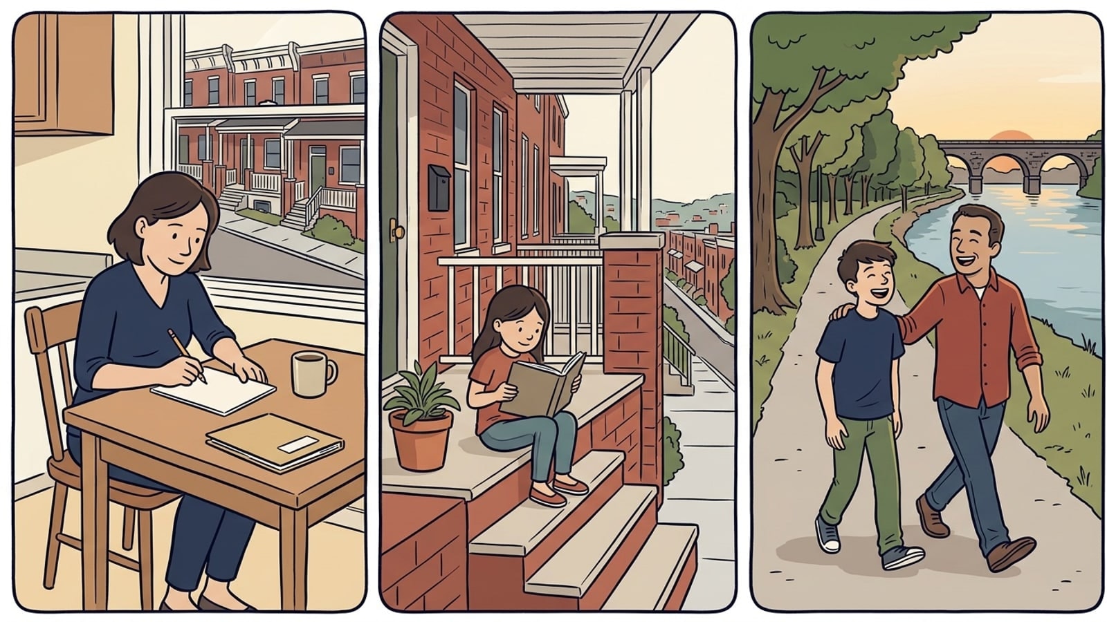 Norristown online homeschool comic: a mother lists questions at a row house kitchen table, a girl reads on porch steps above a steep street, and a teenager and his father laugh on a river trail at sunset