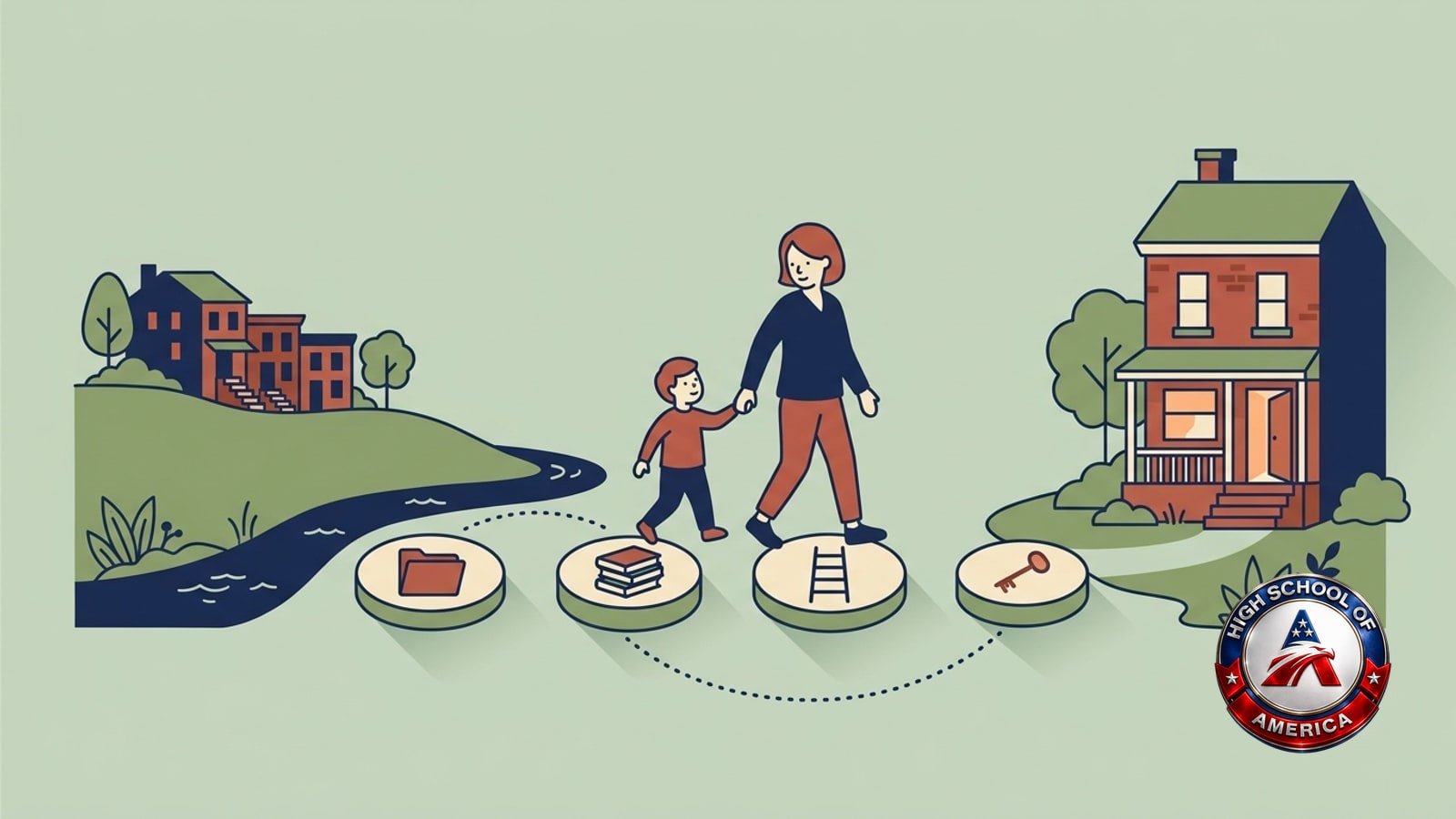 Norristown online homeschool questions settled in order: a parent and child cross a creek on four stepping stones marked with a folder, books, a ladder and a key, toward a row house with its door open