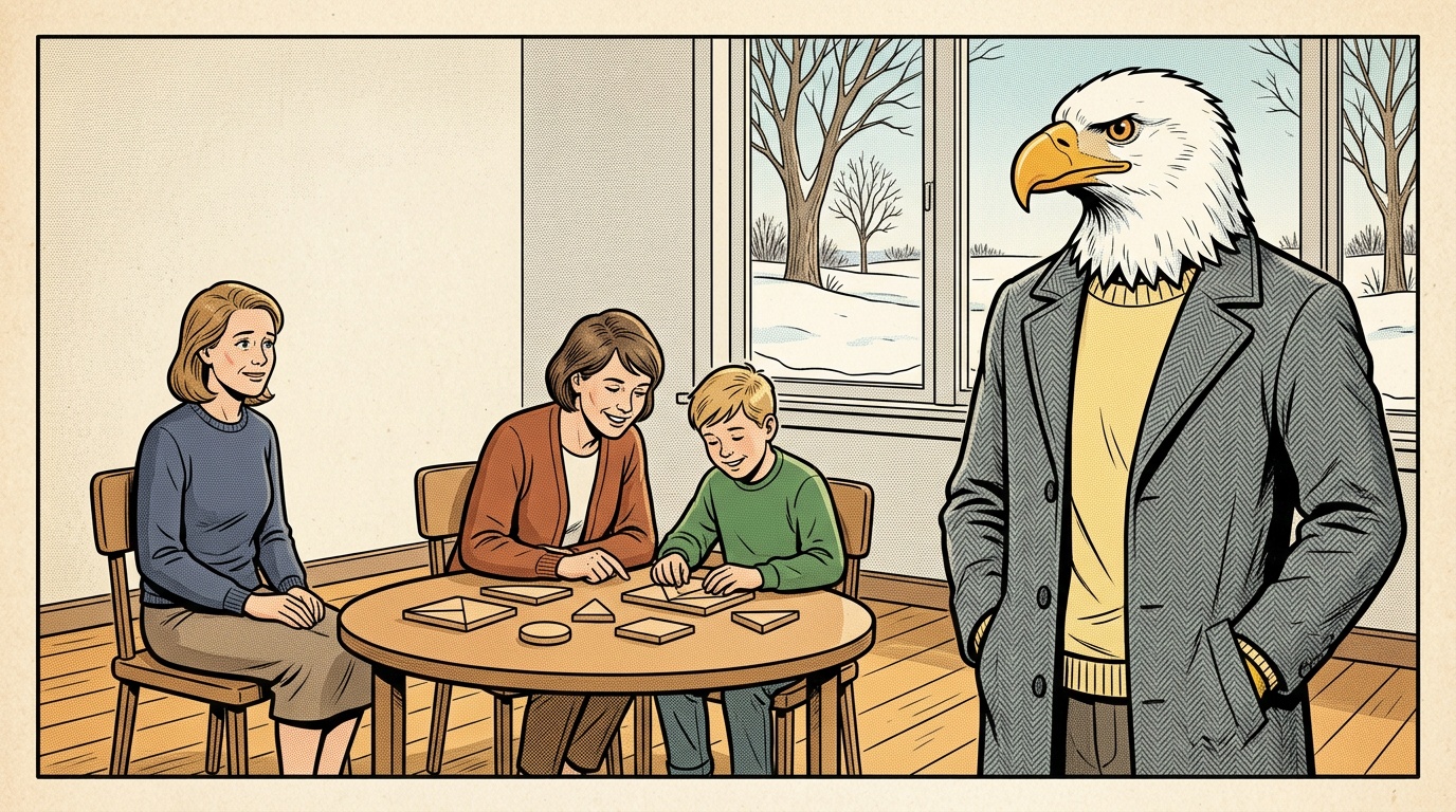 Comic panel: the High School of America eagle stands beside a seated mother in a bright North Dakota assessment room while a friendly specialist sits at a low table working through a hands-on activity with her son, deep snow and bare cottonwoods through the window behind them