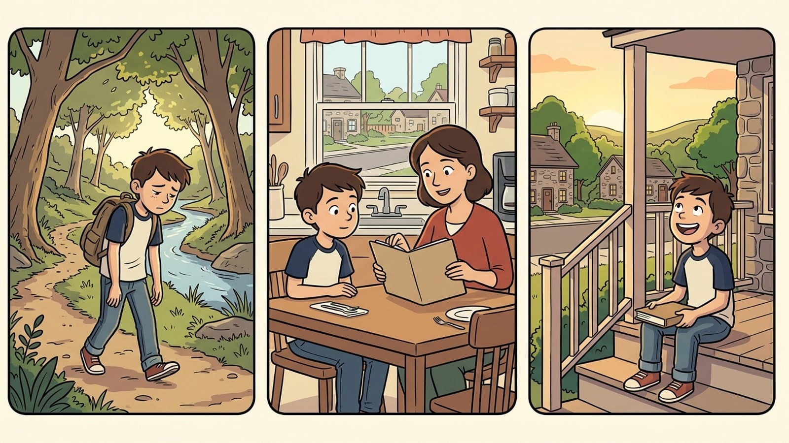 Northampton Township online homeschool comic: a tired boy walks home on a creek trail, sits with his mother as she opens a folder at the kitchen table, and months later grins on the front porch with a book