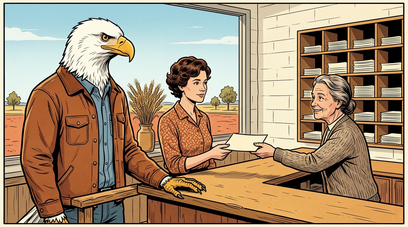 Comic panel: the High School of America eagle stands beside a mother at an Oklahoma school front office counter one morning, she holds a single short blank letter and nothing else, and the office pigeonholes behind the counter are full of blank paper