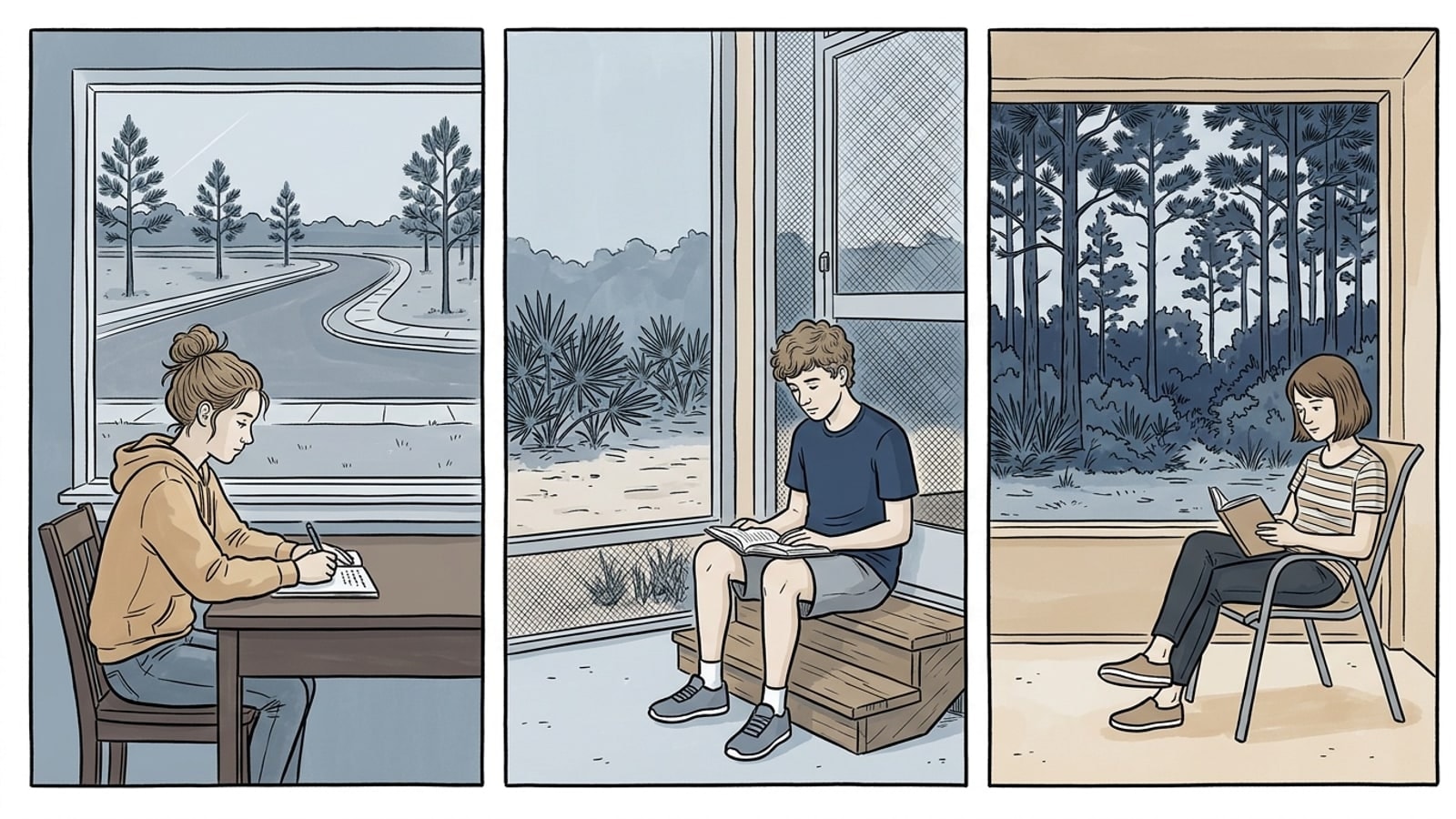 Three panels, one student in each: a girl writing at a window with a curving empty street and young pines beyond, a boy reading on a screened entry step by graded sand and palmetto, a girl reading on a lanai with pine flatwoods behind