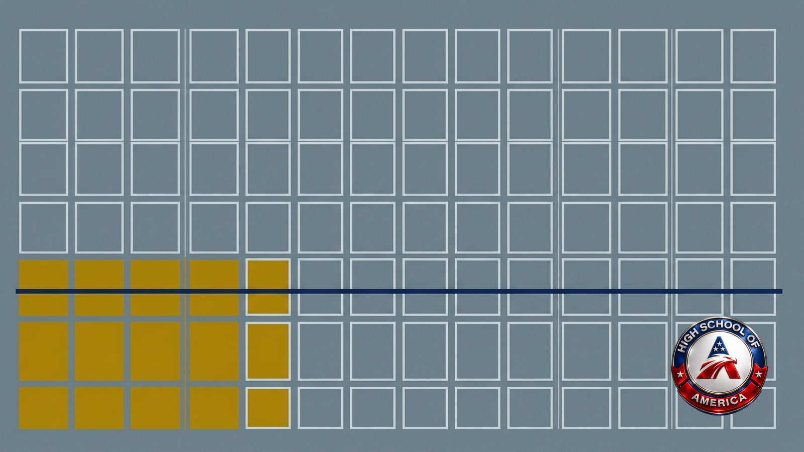 A large grid of identical empty rectangles in thin pale outline, about a third of them at the lower left filled solid gold, with one straight navy line running across the whole grid at a constant height