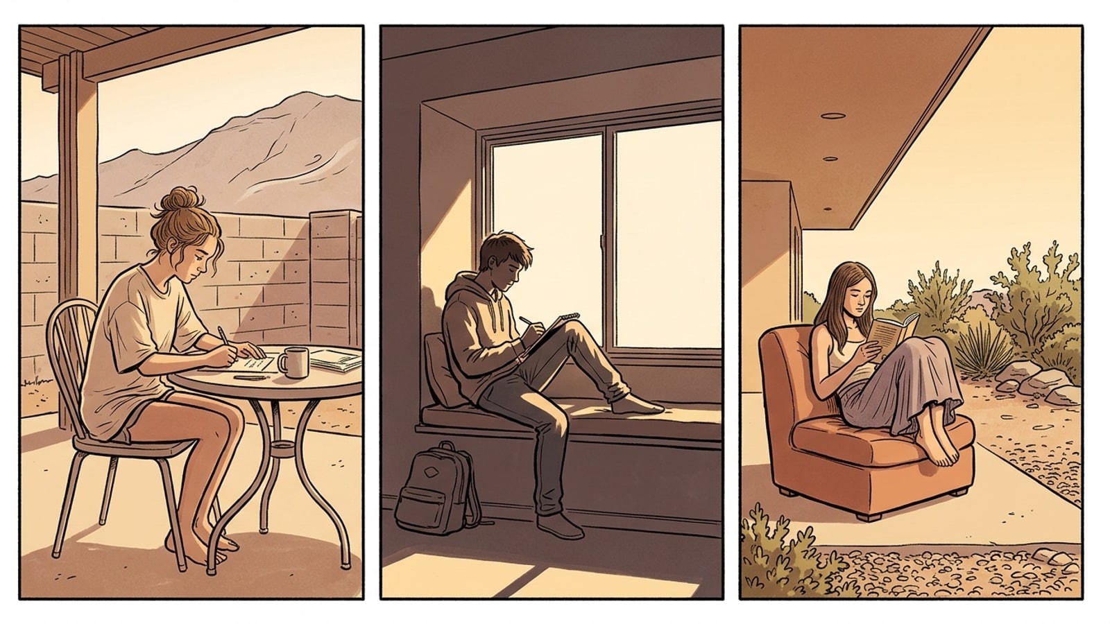 Three panels, one student in each: a girl at a small table on a shaded patio, a boy on a window seat writing, a girl reading in a deep chair under a wide overhang