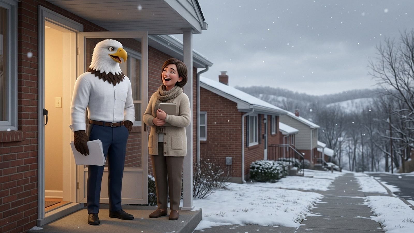 Penn Hills Township online homeschool eagle laughing with a parent at a snowy front door on a hillside street