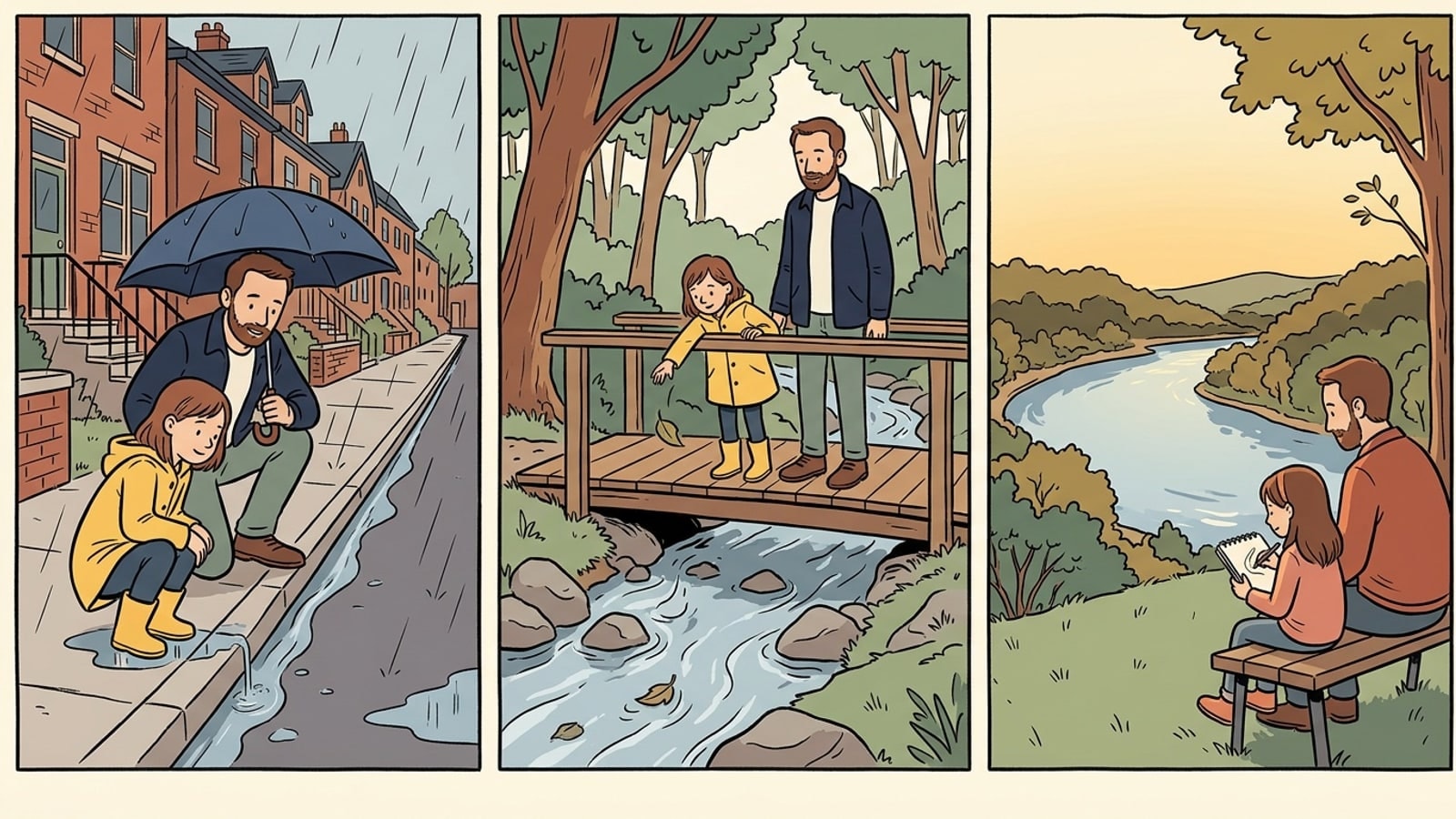 Penn Hills Township online homeschool comic of a girl following rainwater from a steep street to a creek and then to the river