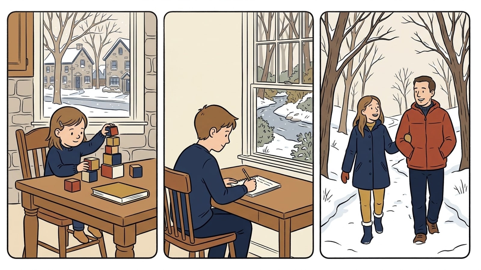 Radnor Township online homeschool comic: a kindergartner stacks blocks at a kitchen table with a snowy street outside, a seventh grader writes by a window over a creek trail, and a teenager talks with her father on a snowy park trail