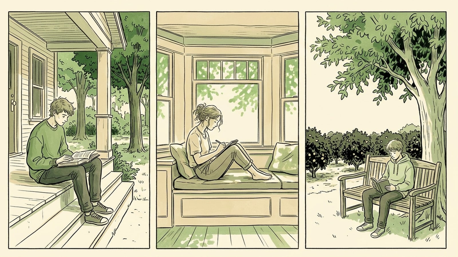 Three panels, one student in each: a boy reading on a deep front porch step, a girl writing at a craftsman window seat, a boy reading on a garden bench with citrus rows beyond