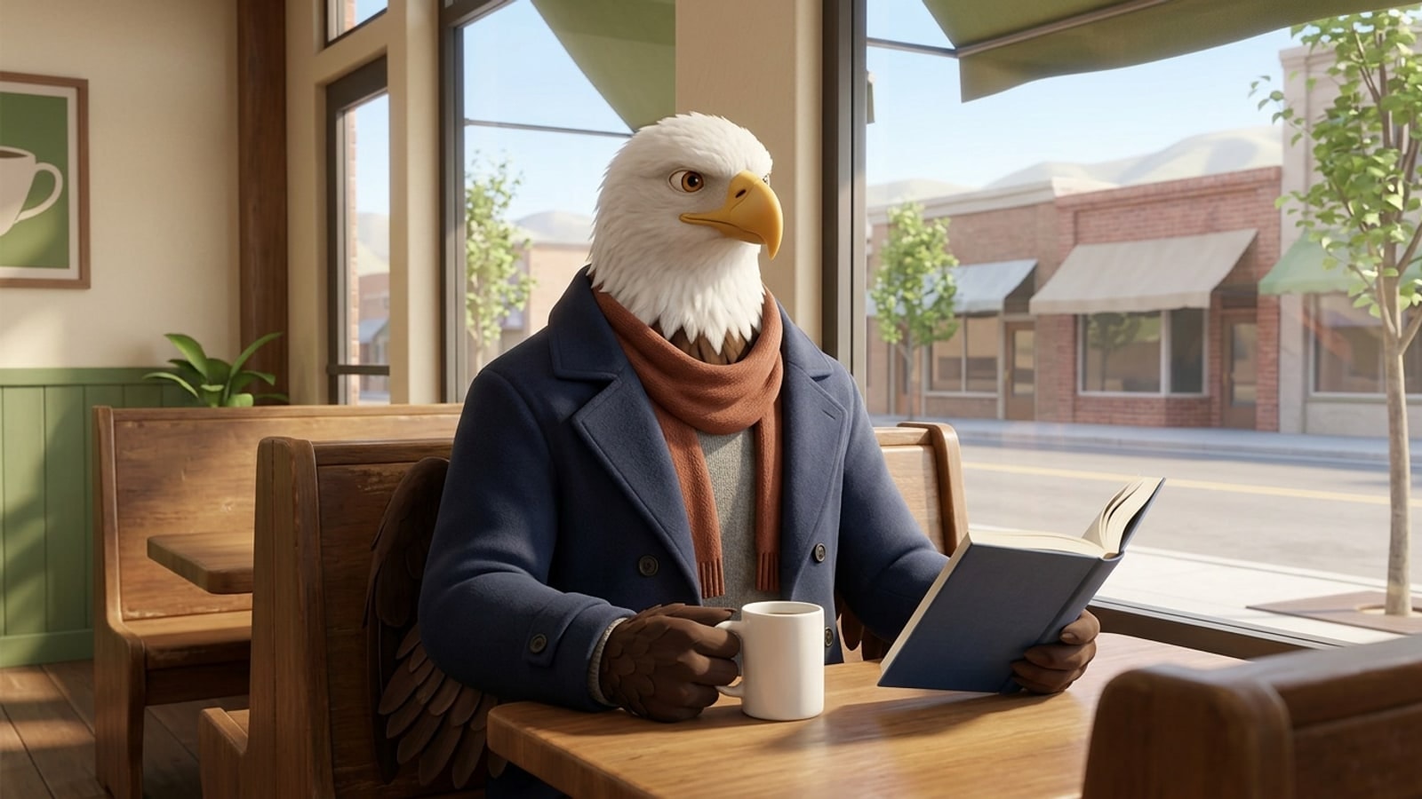 Eagle mascot reading in a downtown Reedley coffee shop booth, a picture of online homeschool fitting a family's week