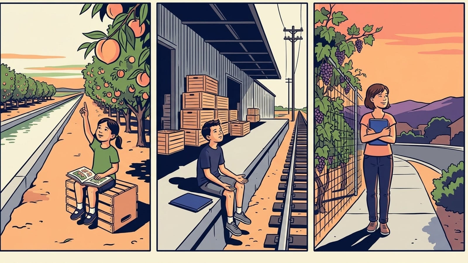 Three-panel comic of Reedley children doing online homeschool work by an orchard canal, a packing warehouse dock and a neighborhood street
