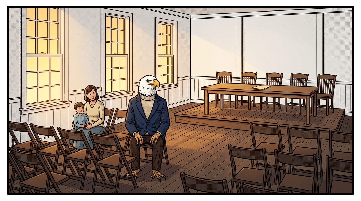 Comic panel: a New England town meeting room before the meeting, rows of empty public chairs, an empty dais with one folder set down on the table before it, and a mother and child waiting in the front row with the High School of America eagle seated one place along