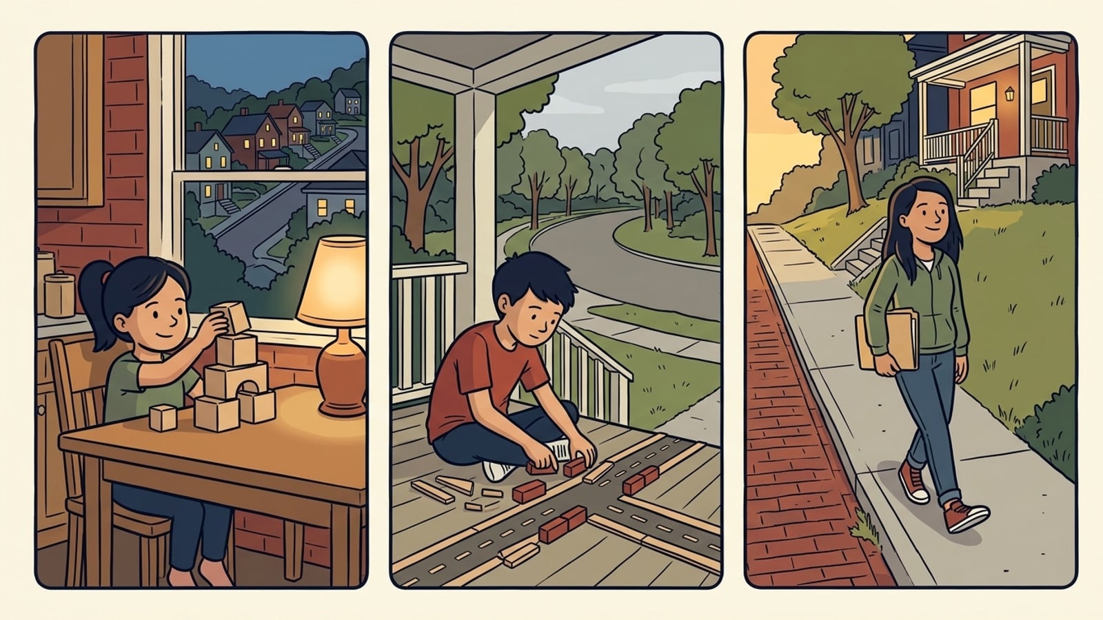 Ross Township online homeschool comic: a kindergartner stacks blocks at a kitchen table, a fifth grader builds a plank and brick model road on a porch step, and a high school student walks up a brick-lined sidewalk toward a lit porch