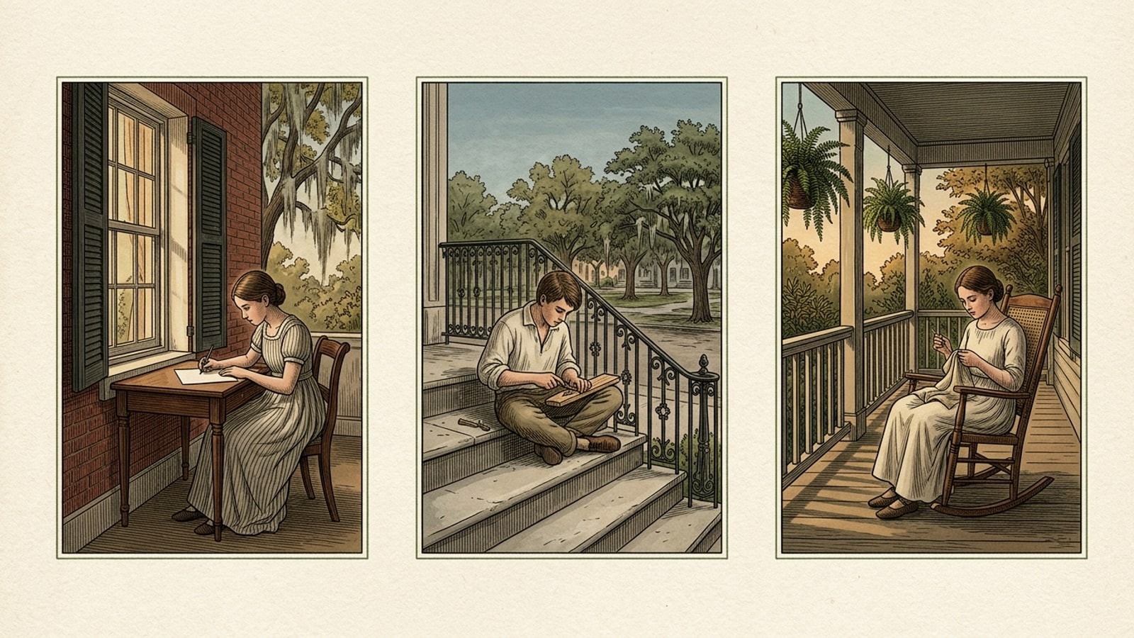 Three engraved panels, one Savannah teenager in each: a girl at a window table in a brick townhouse, a boy on a high front stoop, a girl in a rocking chair on a shaded porch