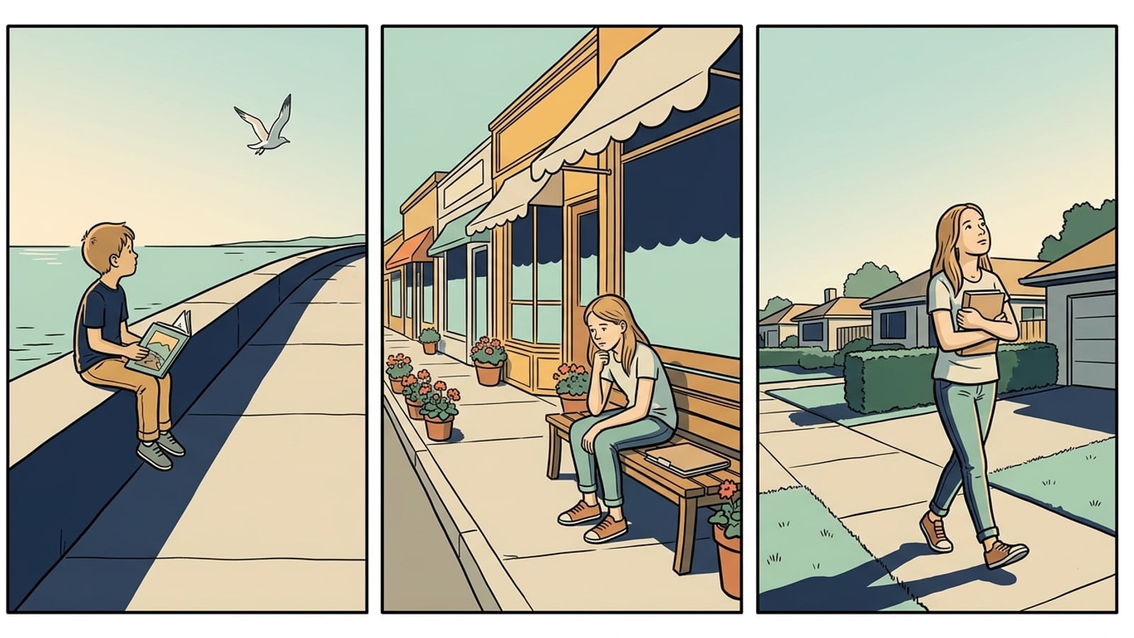Three-panel strip of Seal Beach online homeschool students reading on a seawall, thinking on a storefront street and walking a neighborhood sidewalk