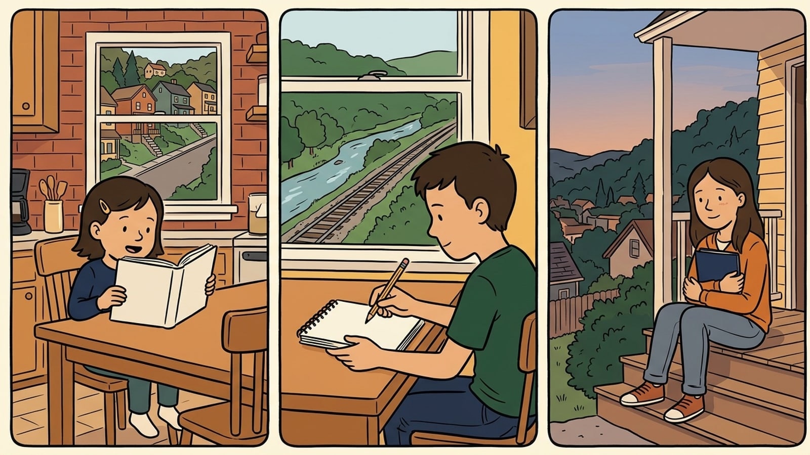 Shaler Township online homeschool comic: a young girl reads aloud at a kitchen table in a hillside house, a boy works math at a window above a creek valley, and a teenager smiles on a porch holding a navy folder