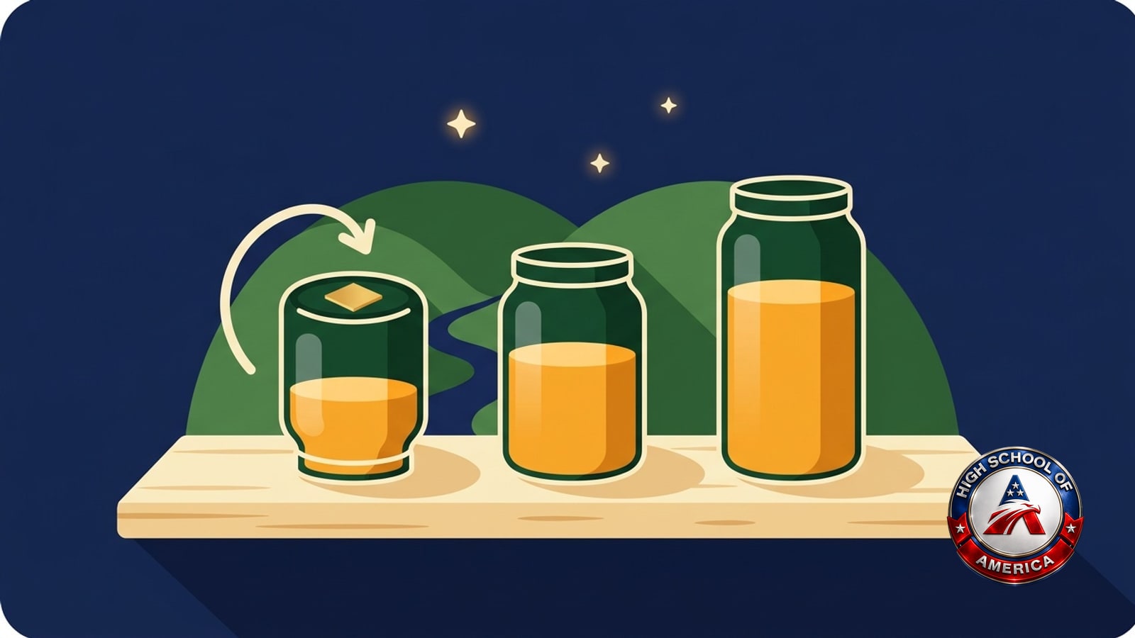 Shaler Township online homeschool maker's mark: three glass jars filled to different levels on a shelf, one turned over to show a small gold square pressed into its base