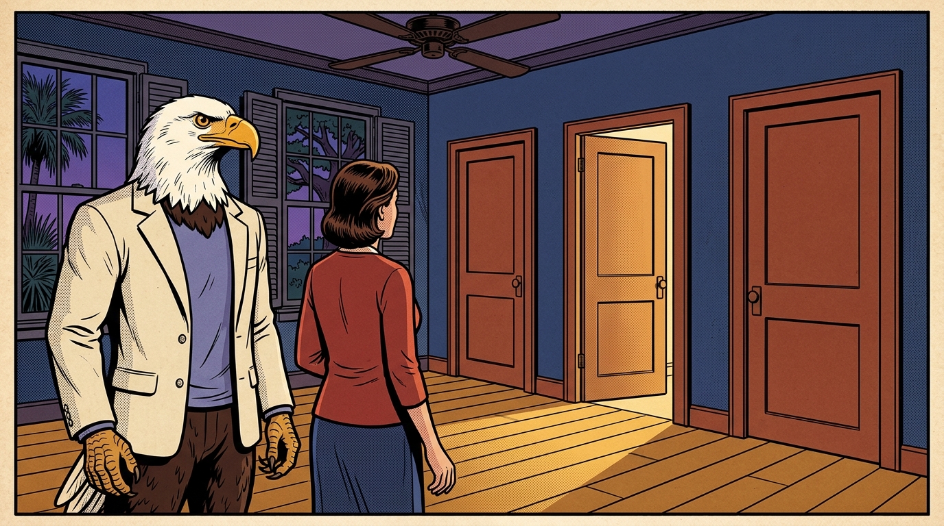 Comic panel: the High School of America eagle stands with a mother in a Lowcountry hallway at dusk, facing three plain unmarked doors set side by side, one of them slightly ajar with warm light coming through