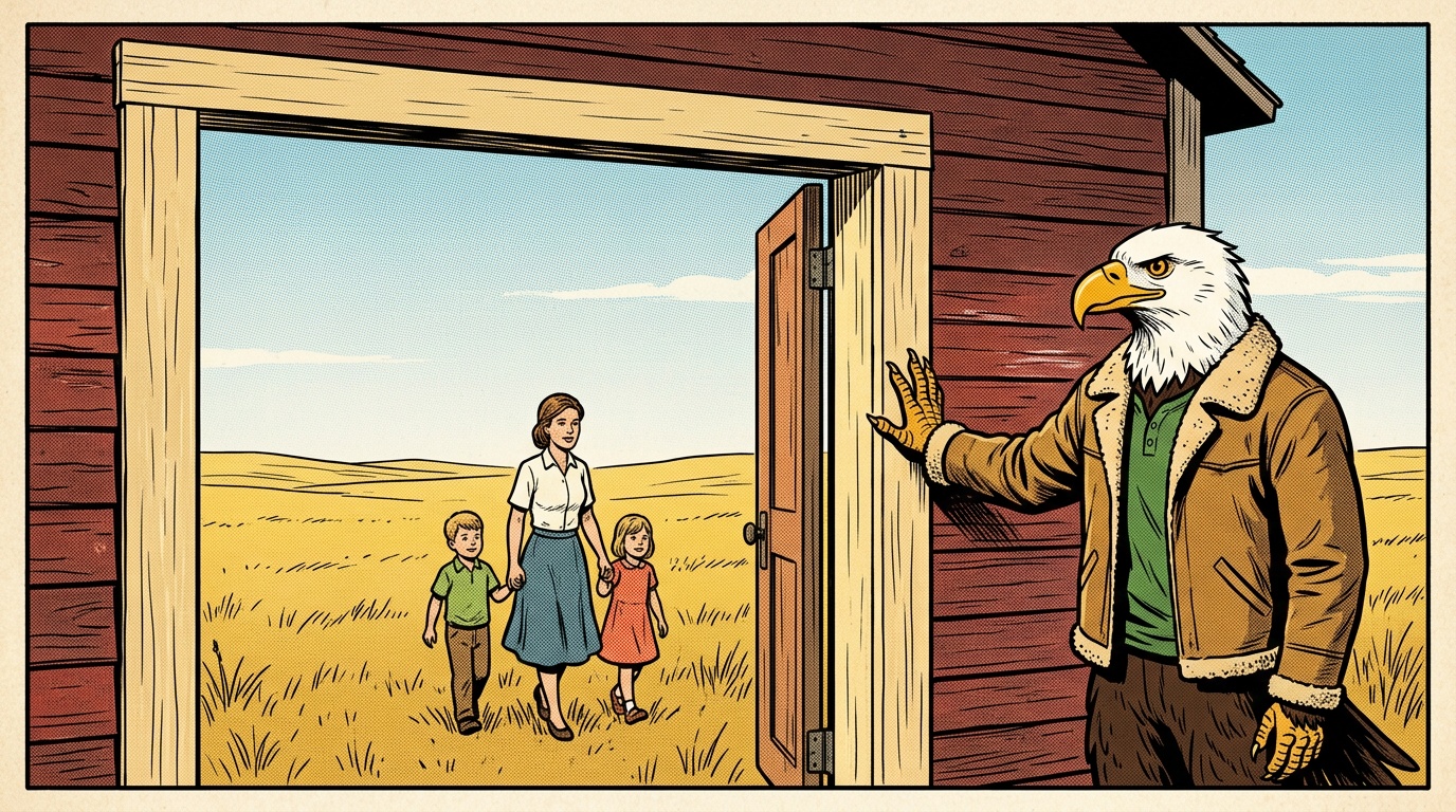 Comic panel: a plain South Dakota prairie building whose doorway has been visibly widened, pale new timber framing the enlarged opening, with a mother and two children walking out through it three abreast into gold grassland and the High School of America eagle standing beside the new jamb
